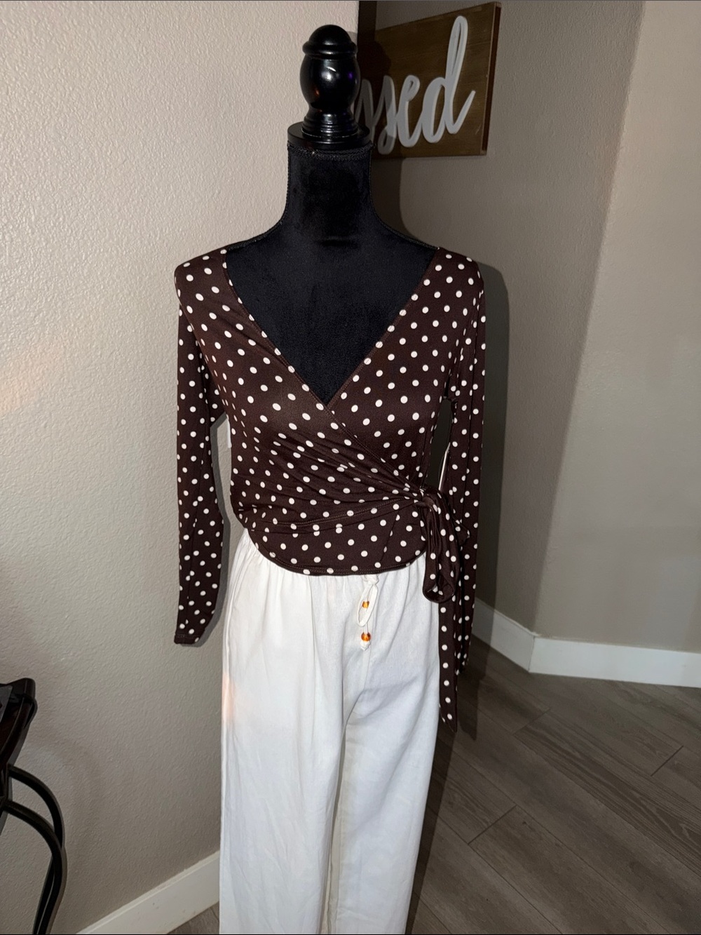 Women’s Brown Polka Dot Wrap Top - Charming Long Sleeve